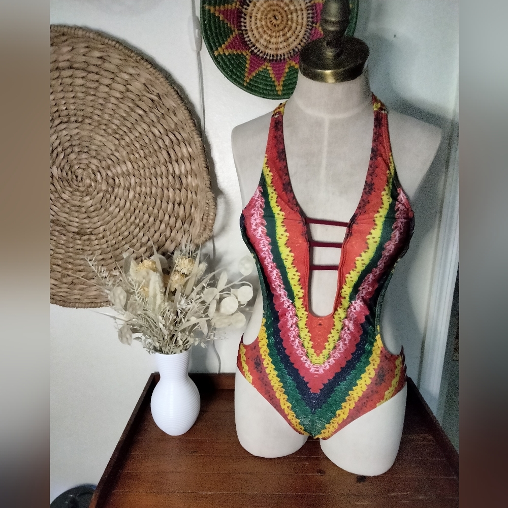 Boho  women one piece bikini swimsuit beachwear digital rainbow sexy paded. New